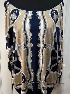 Cache Navy, Beige and White Paisley-Print Blouse